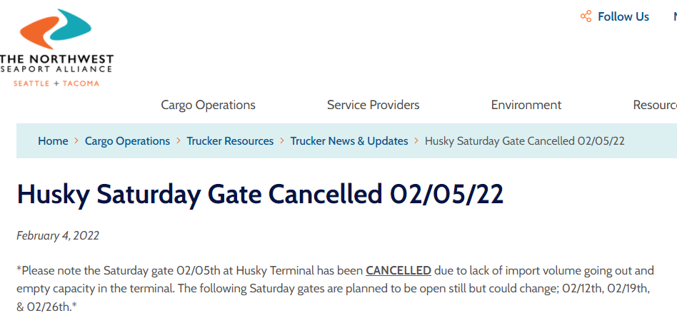 Husky Saturday Gate cancelled for 2/5 美国塔科马港Husky码头封锁
